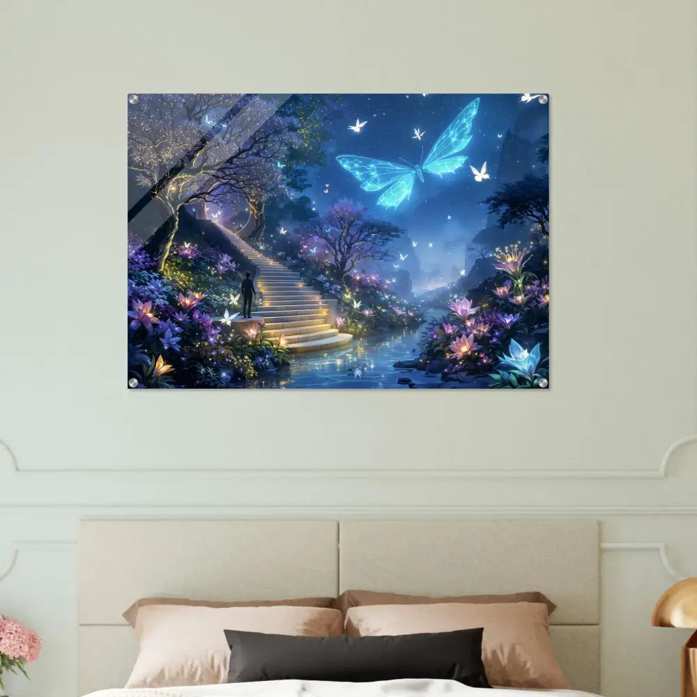 Fantasy butterfly wall art acrylic print from PixiOnyx Biolumina Valley Beyond landscape