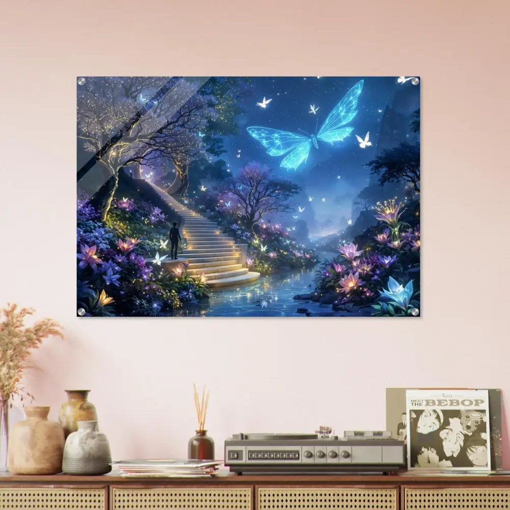 Fantasy butterfly scene wall art in acrylic print titled Biolumina The Valley Beyond
