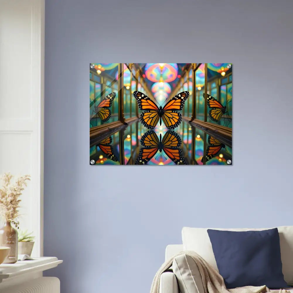 Butterfly kaleidoscope wall art acrylic print displayed as PixiOnyx Crystalized Flight Mirage