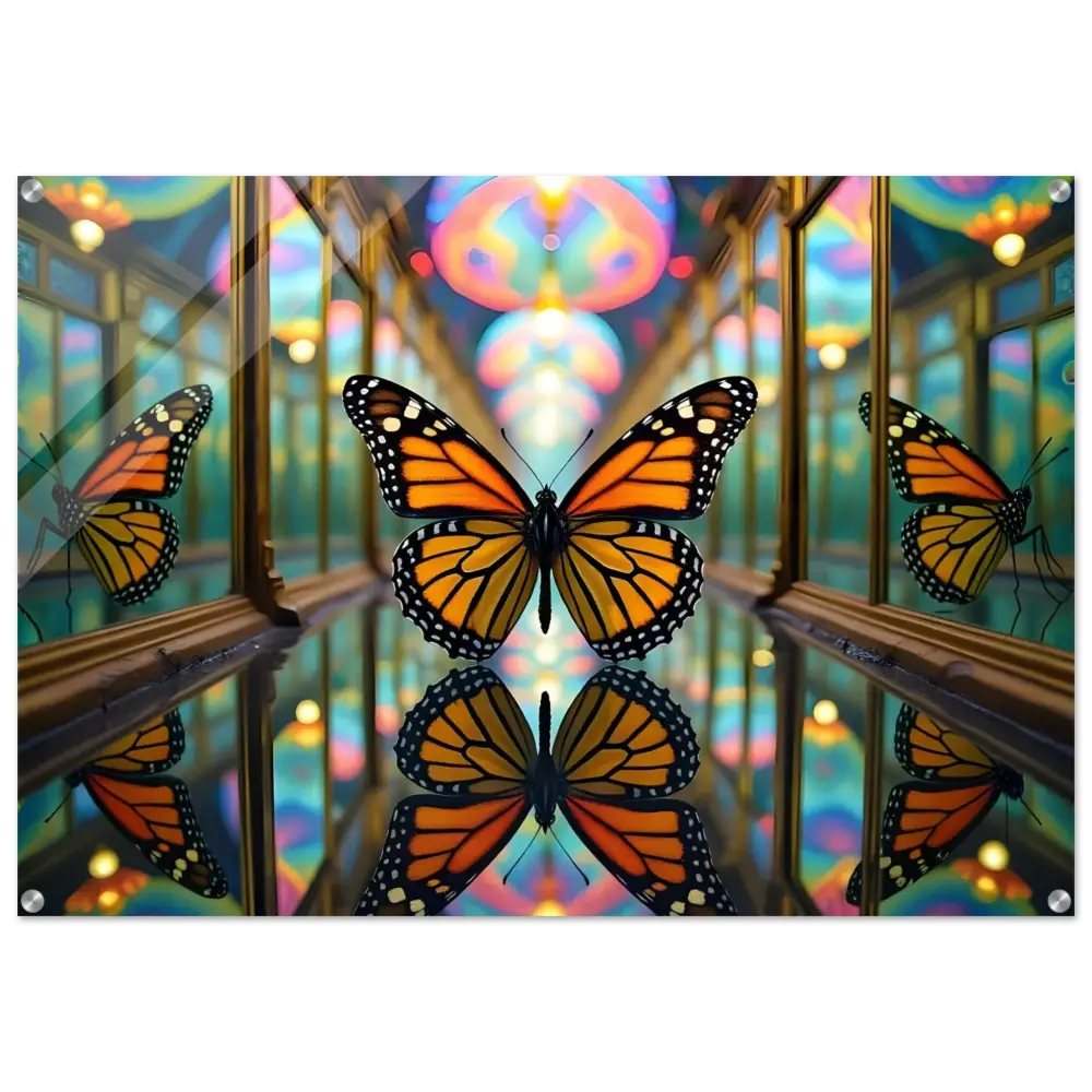 Acrylic print of Butterfly Reflections mirror art with crystalized flight design