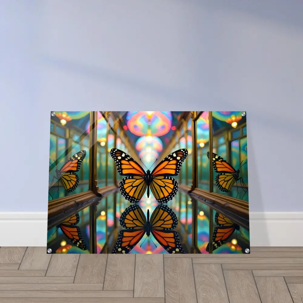 Butterfly-themed acrylic wall art featuring vibrant colors and a reflective crystalized design