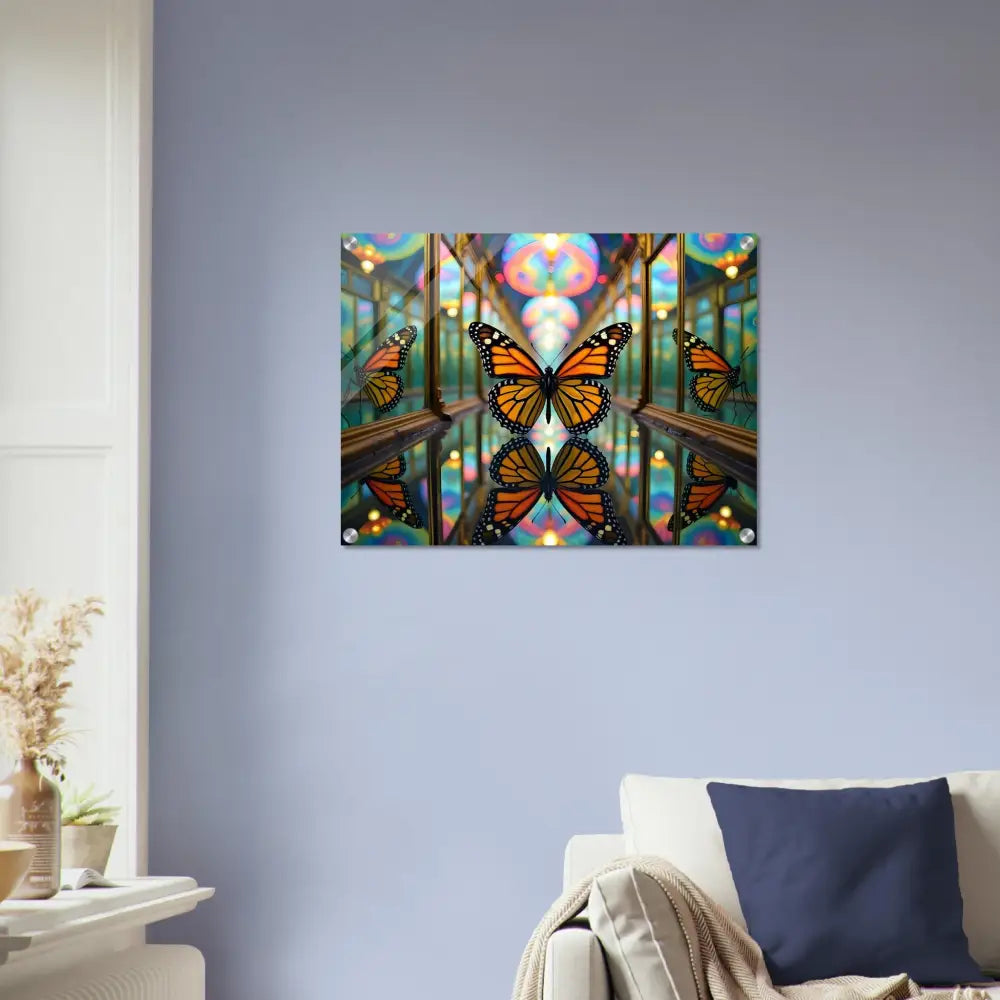 Acrylic print featuring butterfly mirror art with crystalized flight reflections