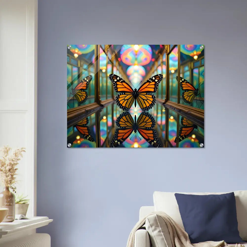 Acrylic print featuring Butterfly Mirror Art with crystalized flight design by PixiOnyx