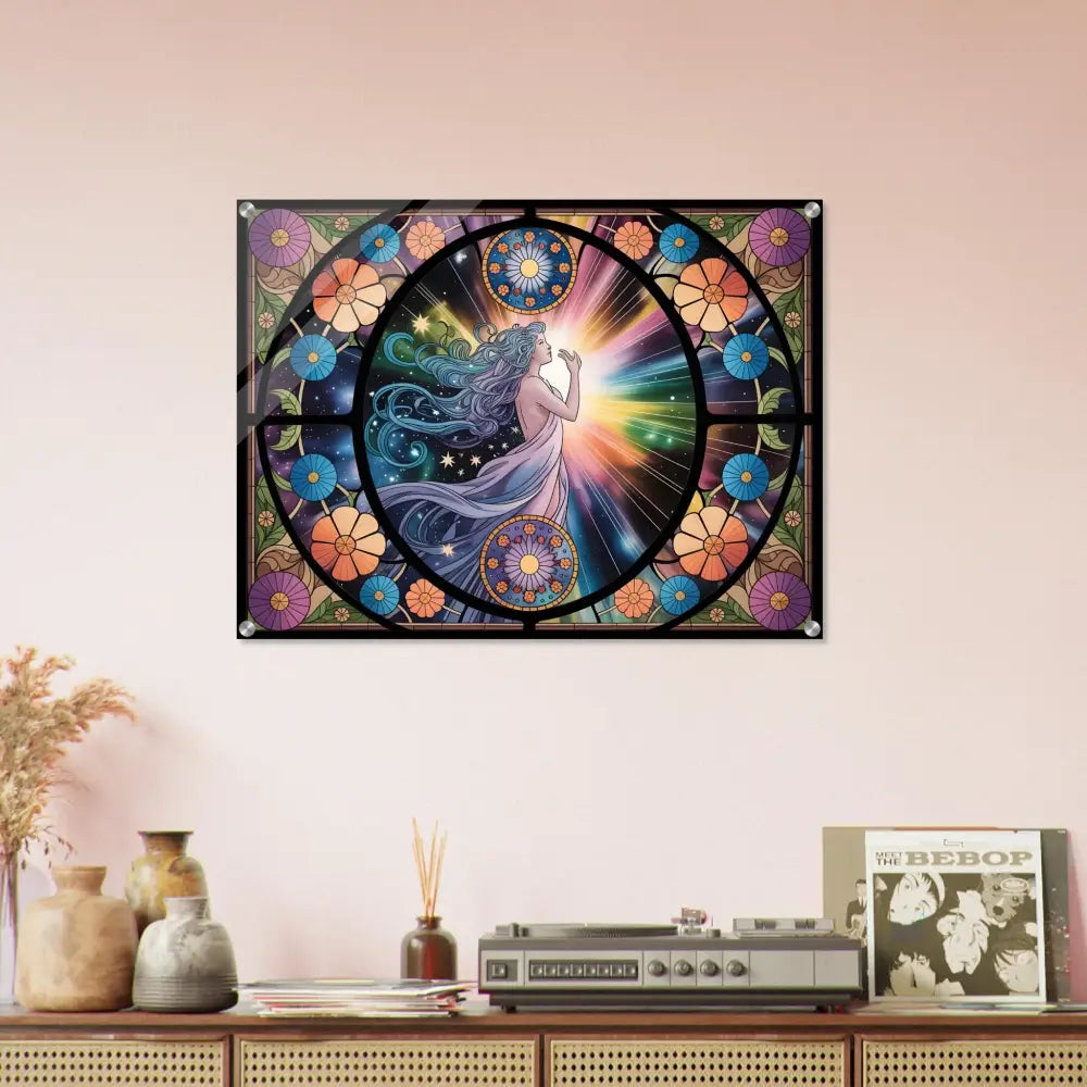 Stained-glass-style artwork of a woman with flowing hair and radiant light on PixiOnyx Glasslight Panel