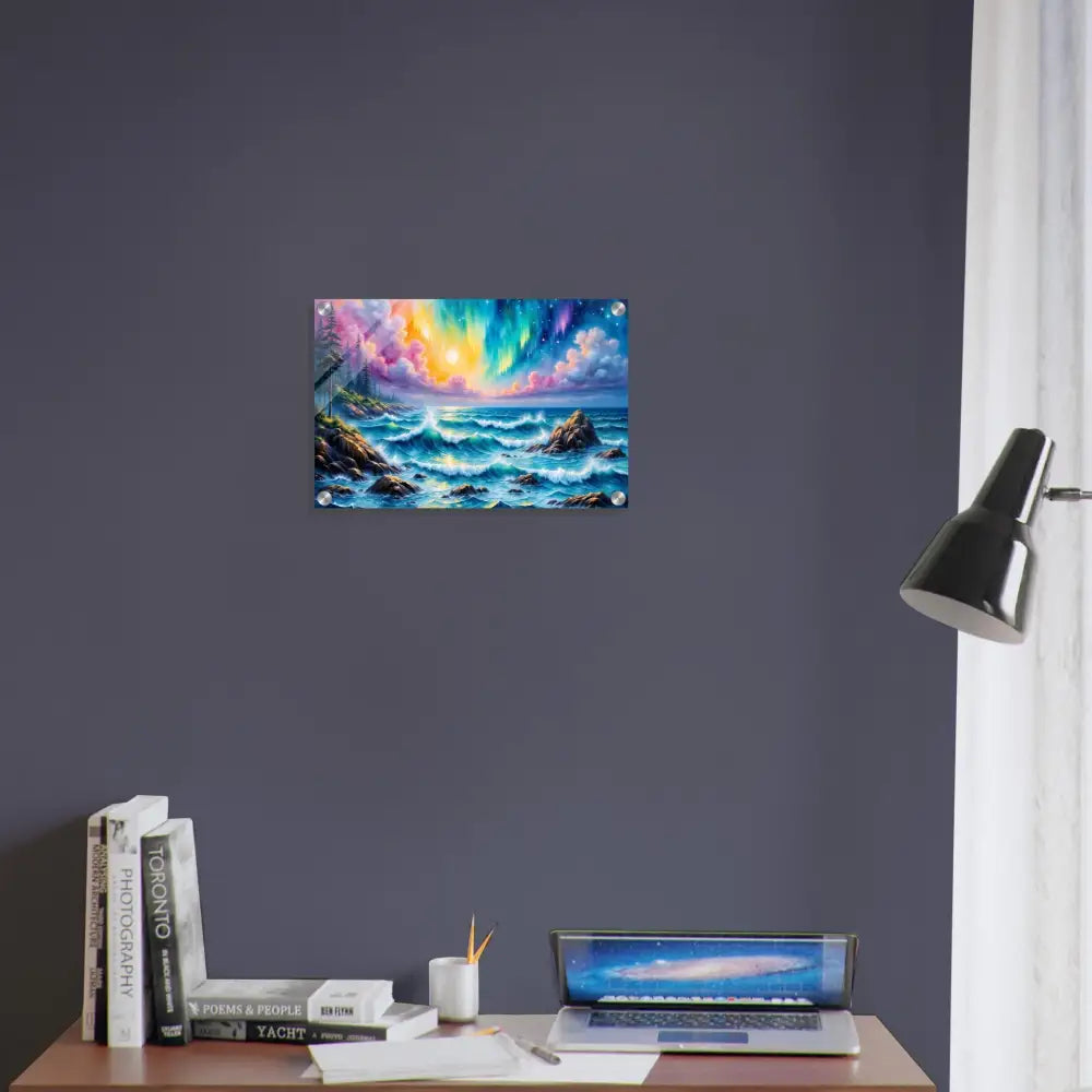 Acrylic Print Celestial Tide with aurora borealis over stormy sea in glasslike clarity