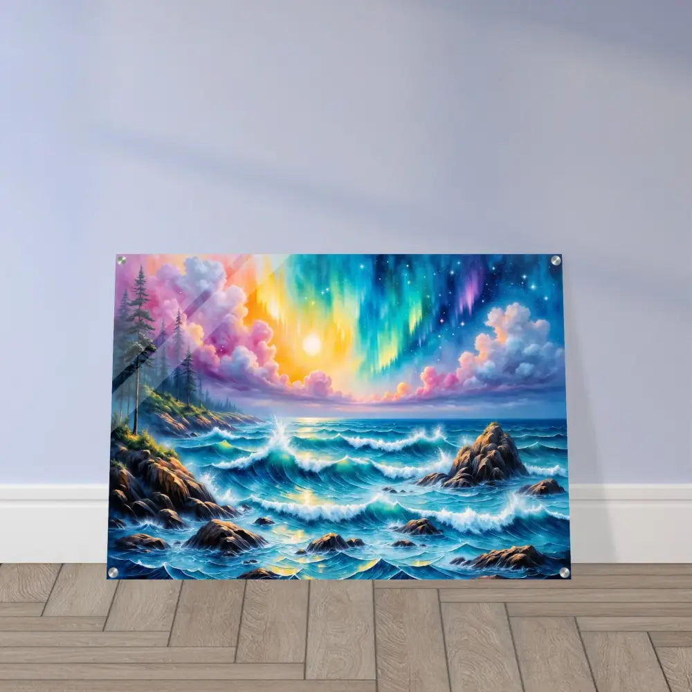 Vibrant acrylic print of celestial tide seascape with aurora borealis and glasslike clarity