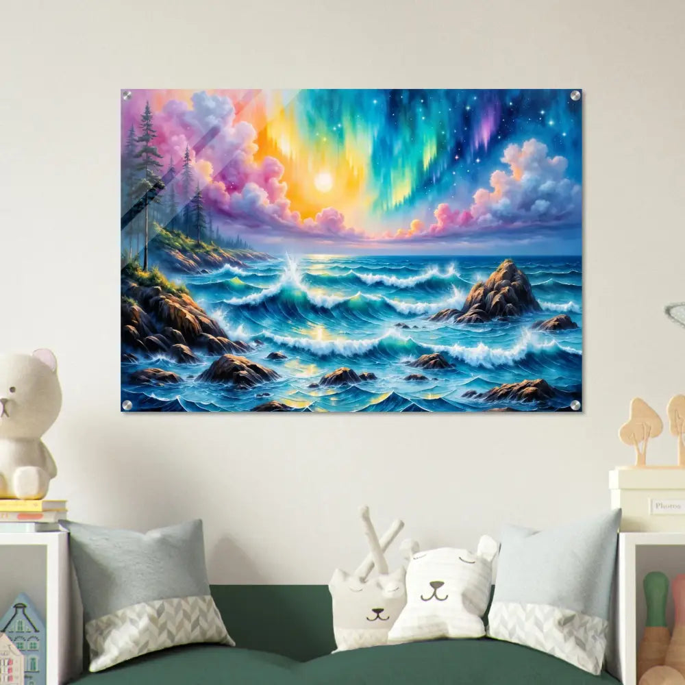 Acrylic Print Celestial Tide with vibrant aurora borealis over stormy ocean, clarity meets supernatural