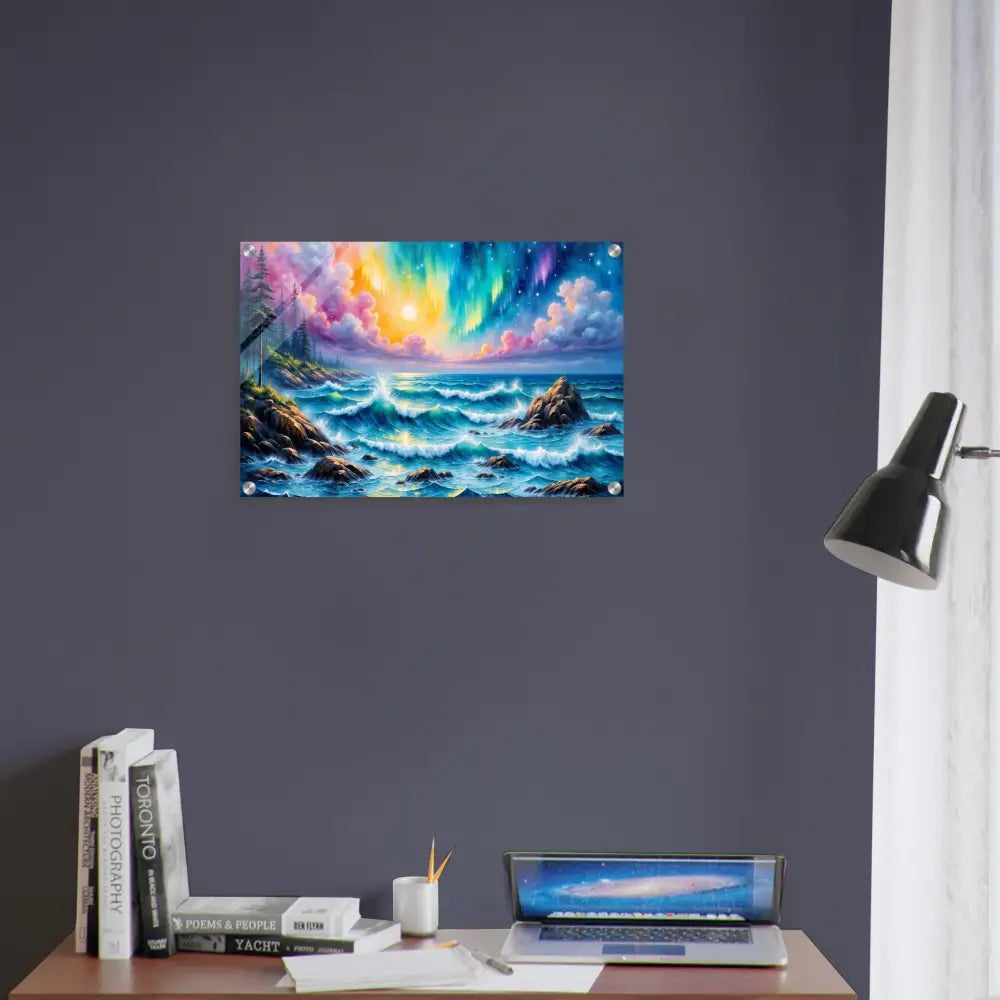 Colorful acrylic print of celestial tide seascape with aurora borealis sky by PixiOnyx
