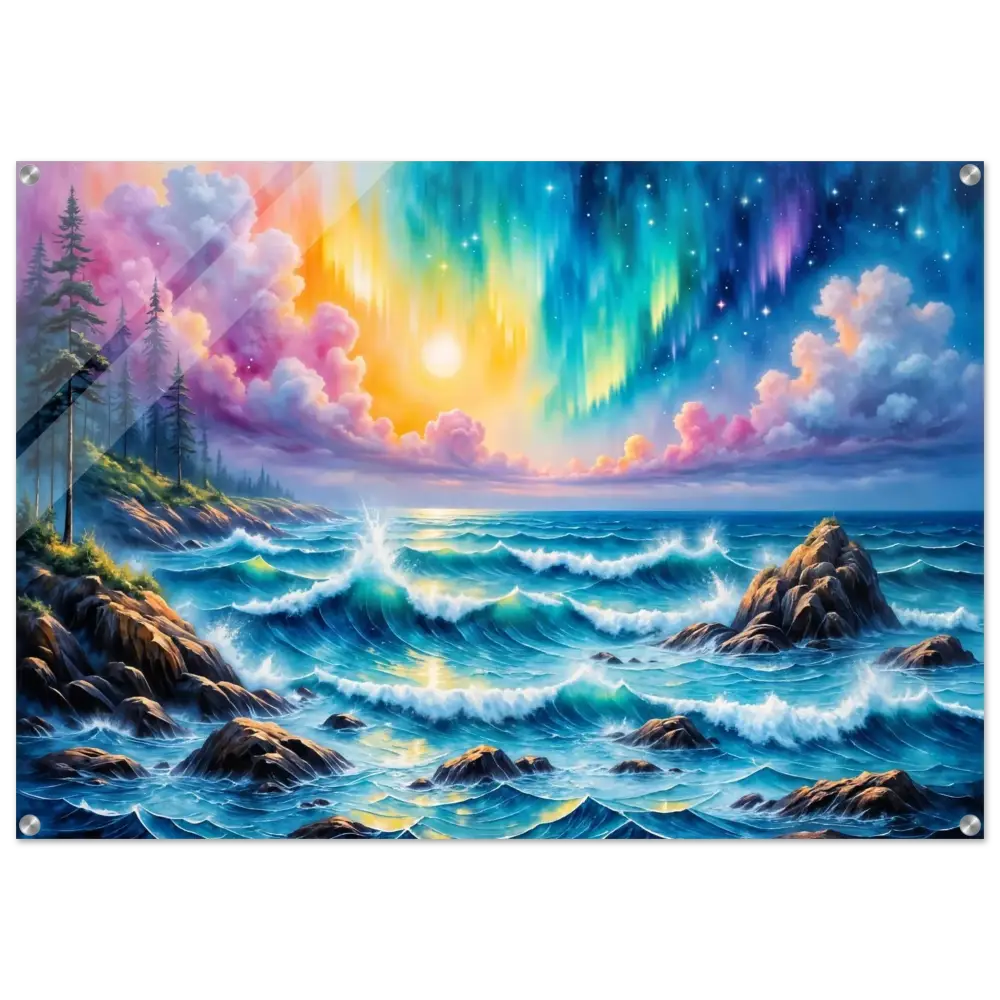 Acrylic Print Celestial Tide with supernatural coastal scene and aurora borealis