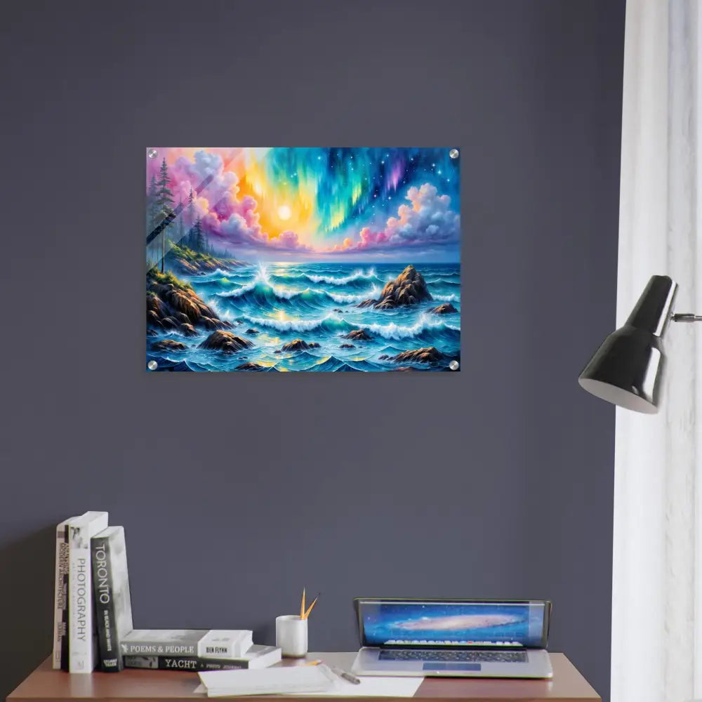 Acrylic Print Celestial Tide with vibrant aurora over stormy sea showcasing glasslike clarity meets supernatural beauty