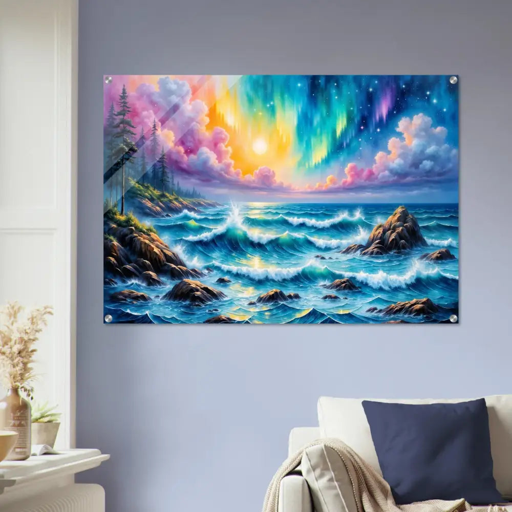 Acrylic print Celestial Tide with vibrant stormy ocean, aurora borealis, and sunset sky