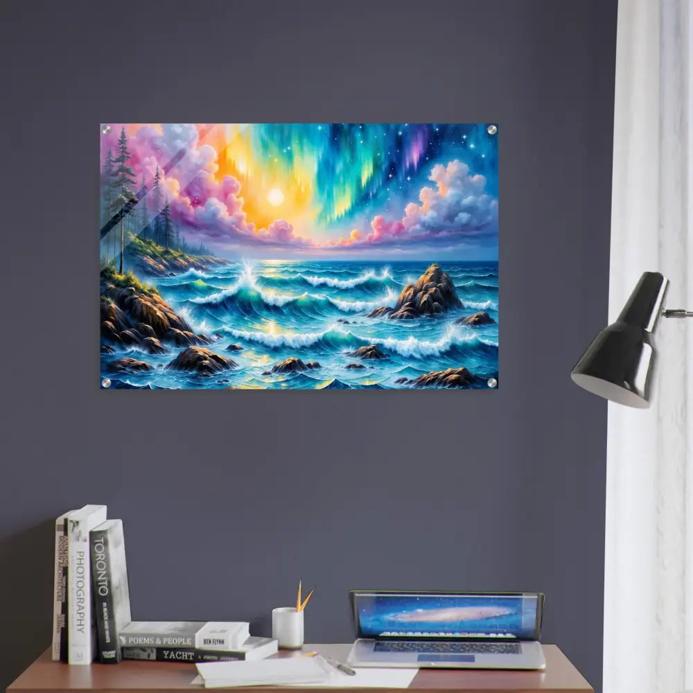 Acrylic Print Celestial Tide with vibrant aurora borealis and ocean waves artwork