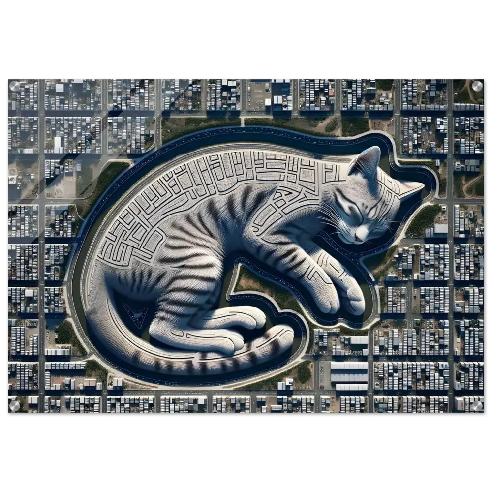 Cat-shaped maze acrylic print from PixiOnyx Dimensional Glasswork product Citynap Overlook
