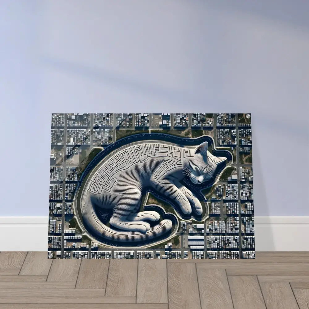 Cat-shaped city maze art acrylic print displayed in PixiOnyx Dimensional Glasswork