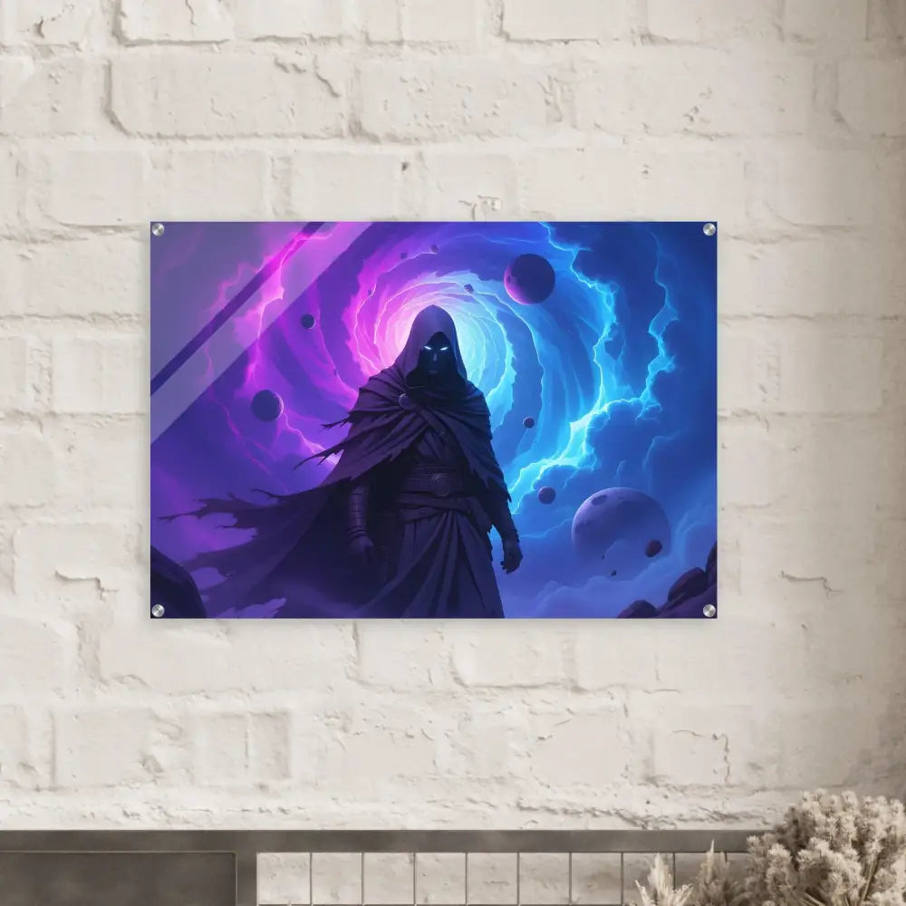 Framed cosmic sorcerer artwork featuring cloaked figure and mystical portal for PixiOnyx Wall Display
