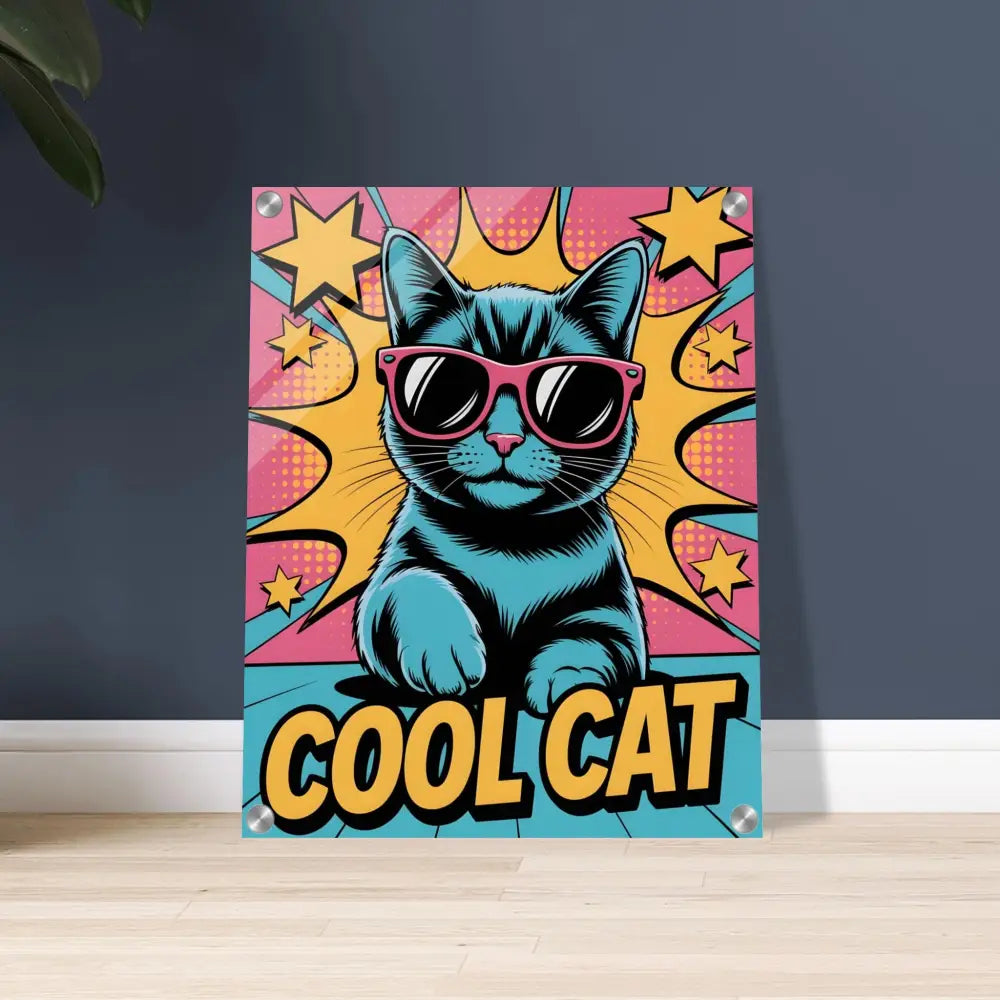 Pop art cat poster with sunglasses showcasing sleek clarity enhanced light reflection for PixiOnyx Acrylic Print