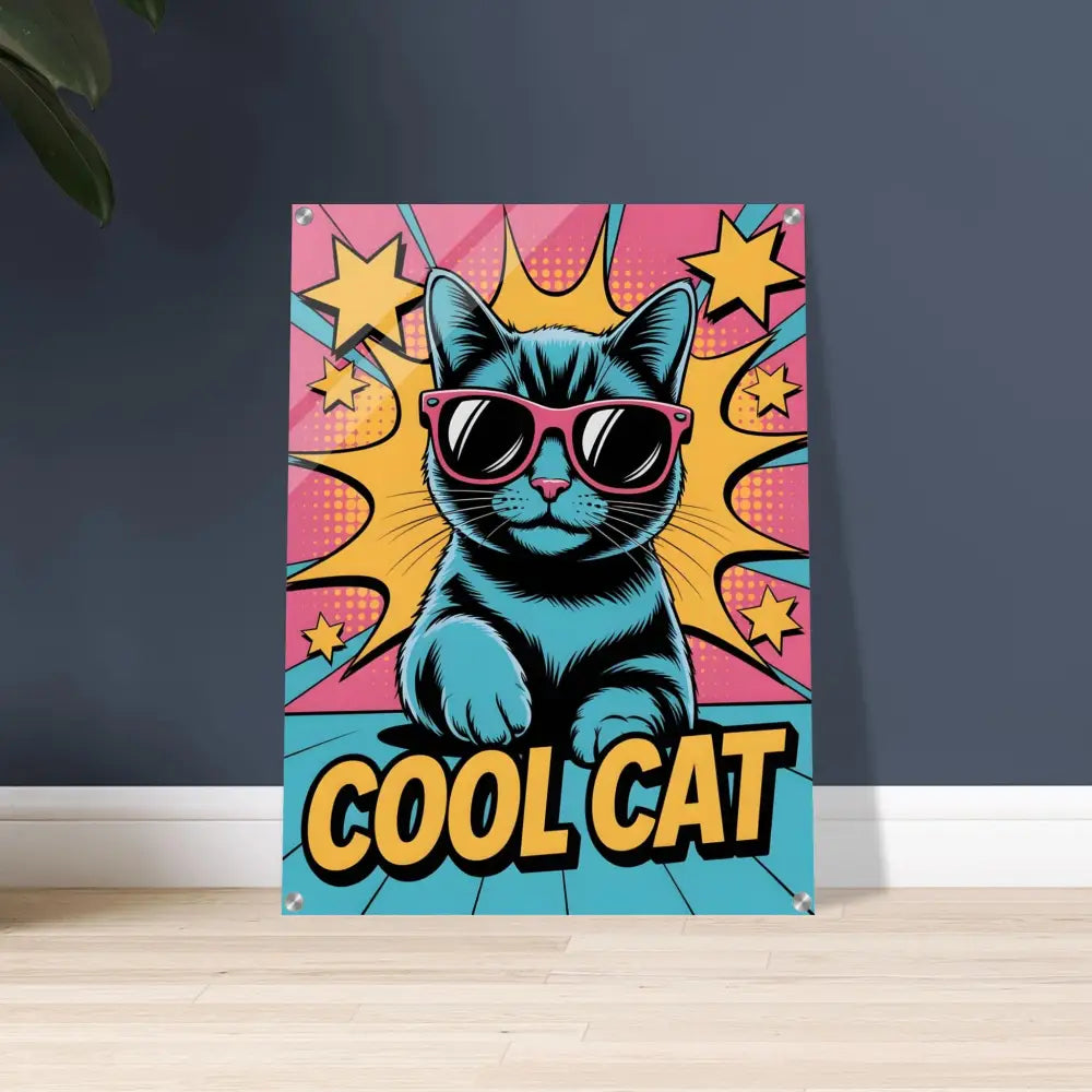 Vibrant pop art acrylic print of a blue cat with pink sunglasses showcasing clarity enhanced light