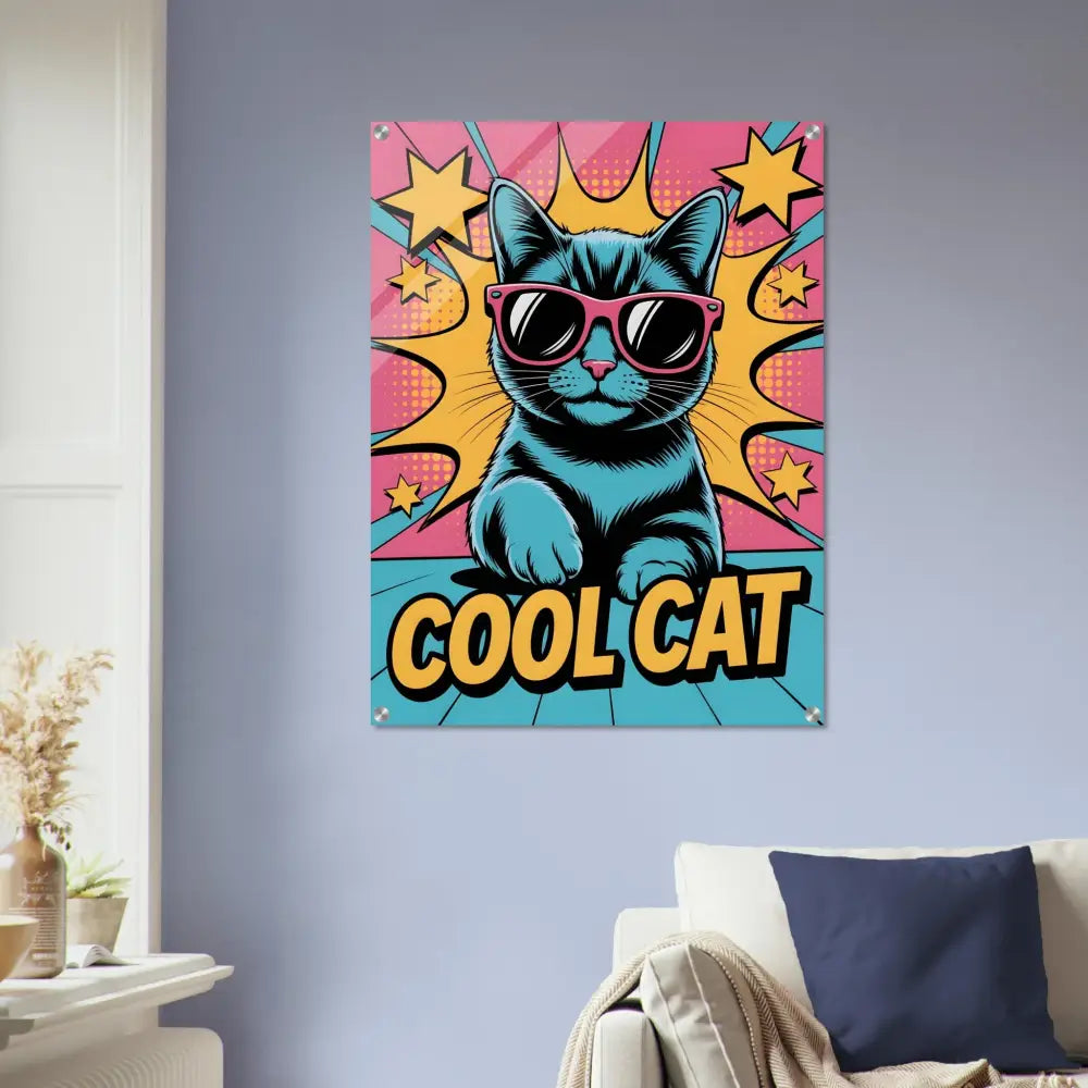 Pop art style acrylic print of a cat with sunglasses showcasing sleek clarity enhanced light reflection