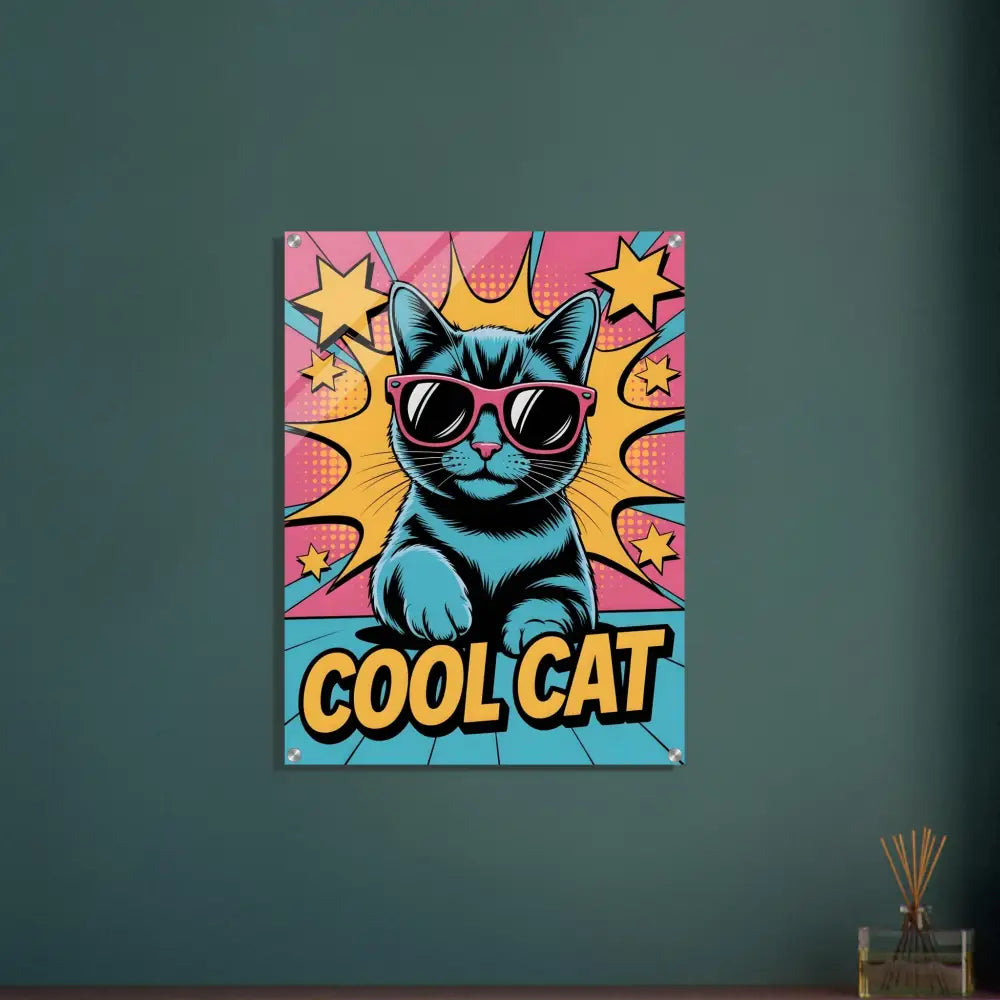 Vibrant pop art cat acrylic print with pink sunglasses showcasing sleek clarity enhanced light reflection