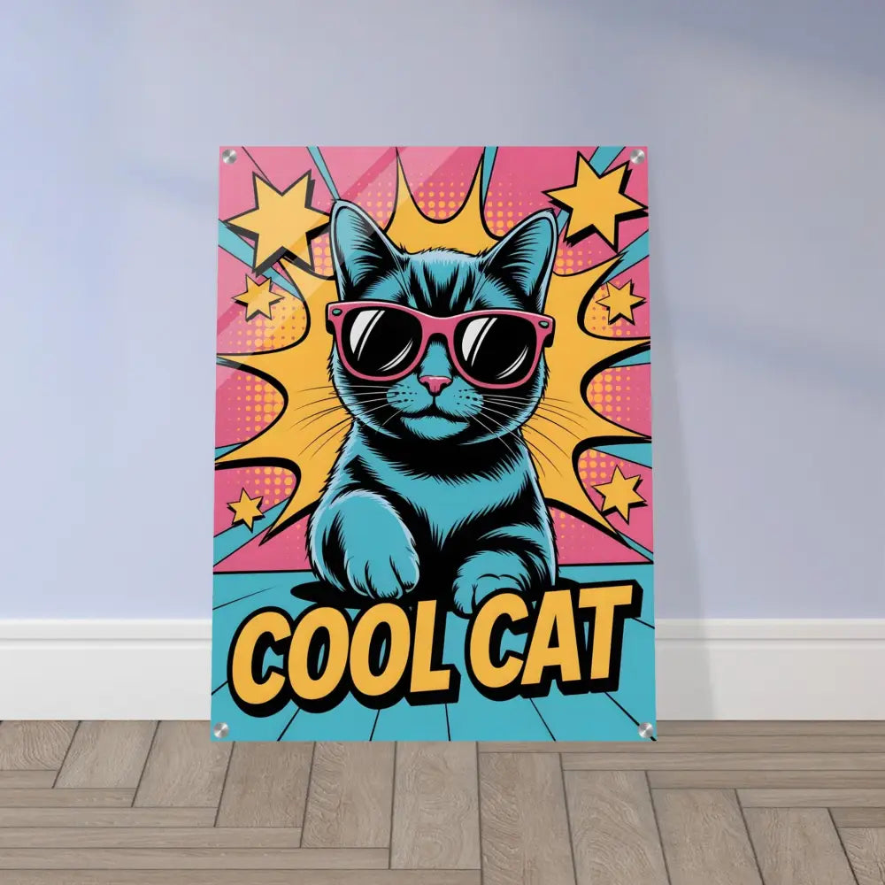 Pop art poster of a blue cat with pink sunglasses showcasing sleek clarity enhanced light reflection