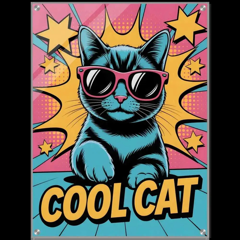 Pop art style blue cat acrylic print with pink sunglasses showcasing enhanced light reflection
