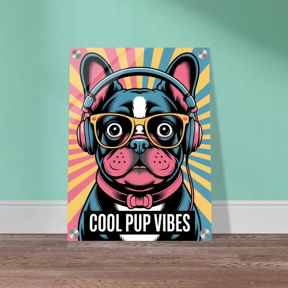 Acrylic glass glossy print of a cool French Bulldog with headphones and glasses