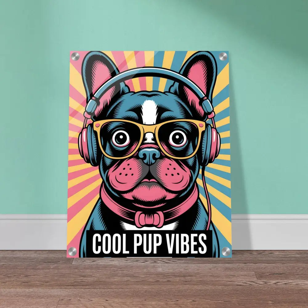 Colorful pop-art French Bulldog acrylic print with glossy finish maximizes vibrant glass glossy look