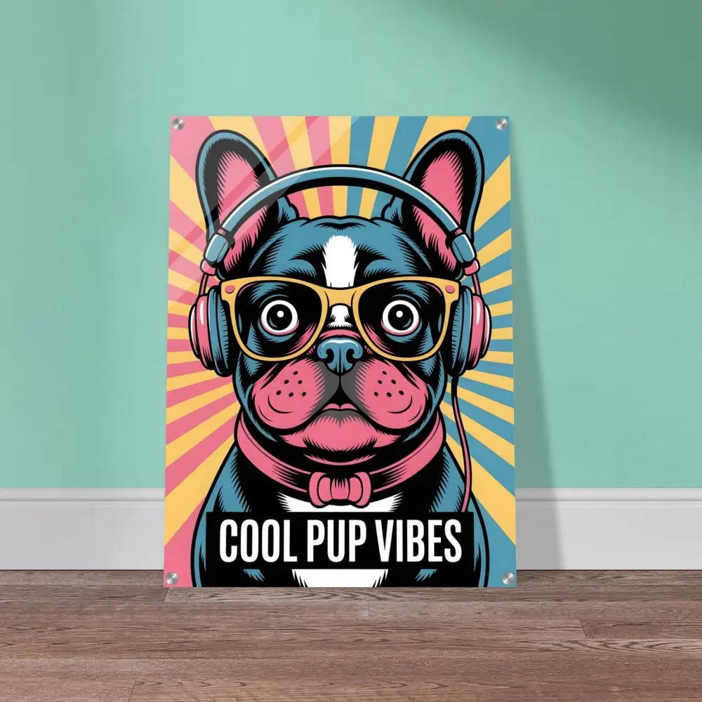 Colorful French Bulldog poster with headphones and glasses on acrylic glass glossy finish