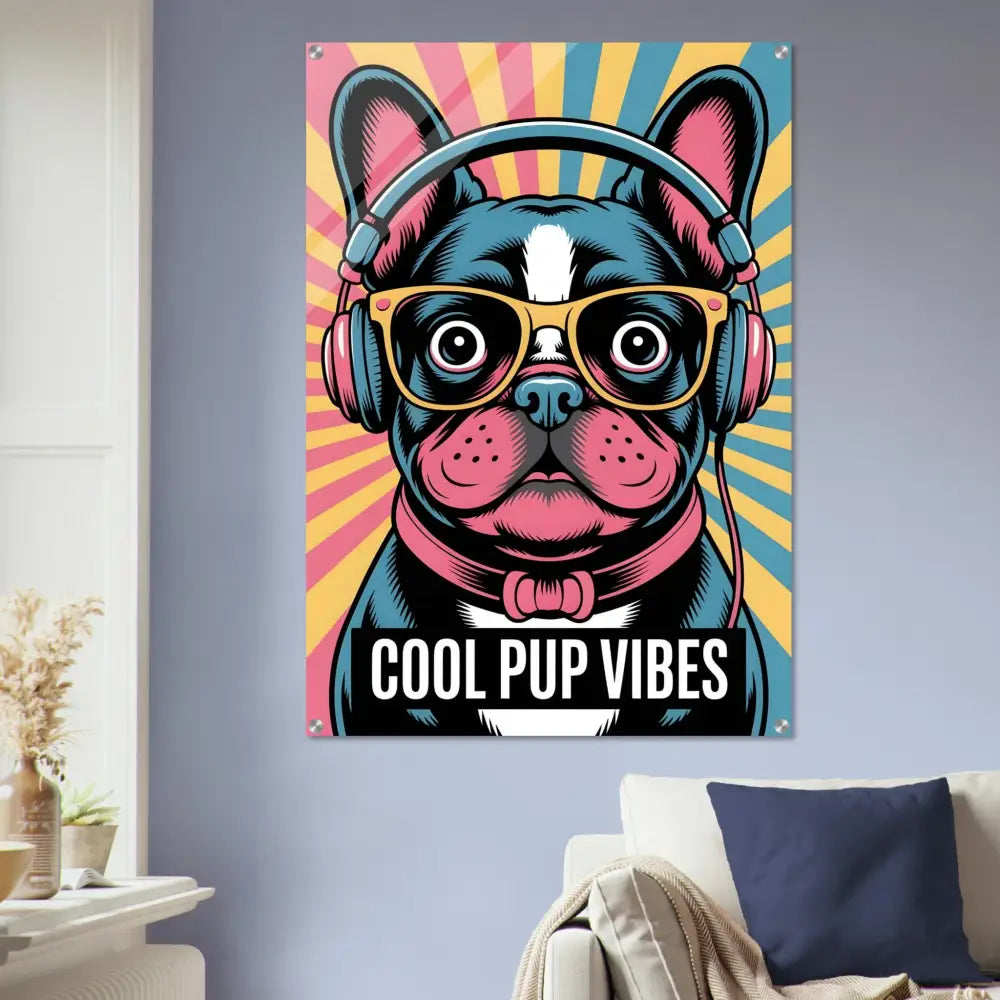Acrylic glass glossy pop art French bulldog with headphones and sunglasses for Cool Pup Vibes