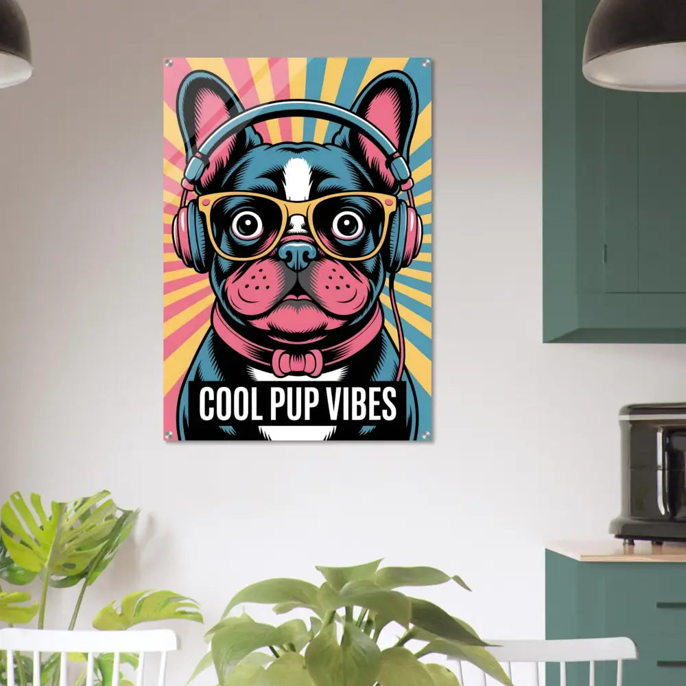 Colorful acrylic glass glossy poster of French Bulldog with headphones and glasses