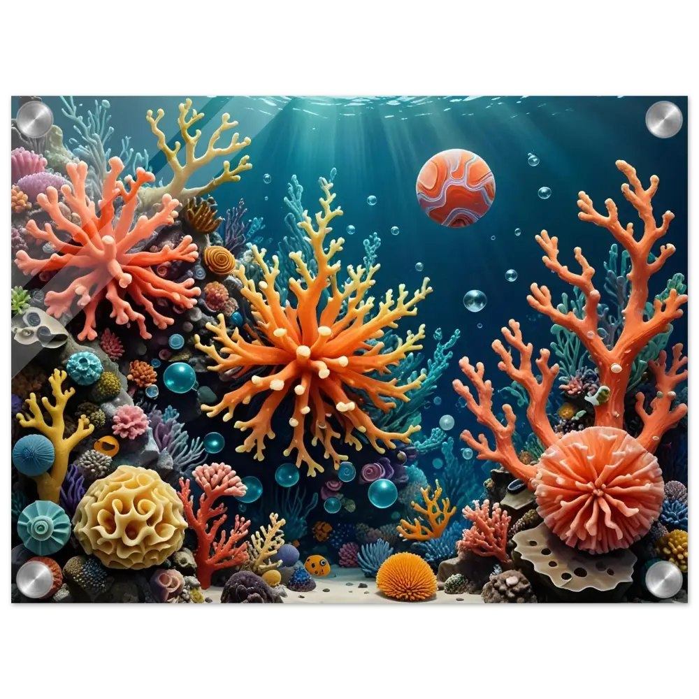 Vibrant coral reef artwork displayed on Acrylic Print Coral Reverie by PixiOnyx Undersea Dreamscape