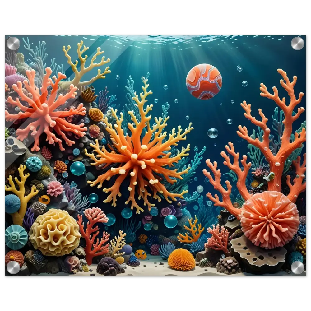 A vibrant coral reef ecosystem acrylic print titled Coral Reverie by PixiOnyx