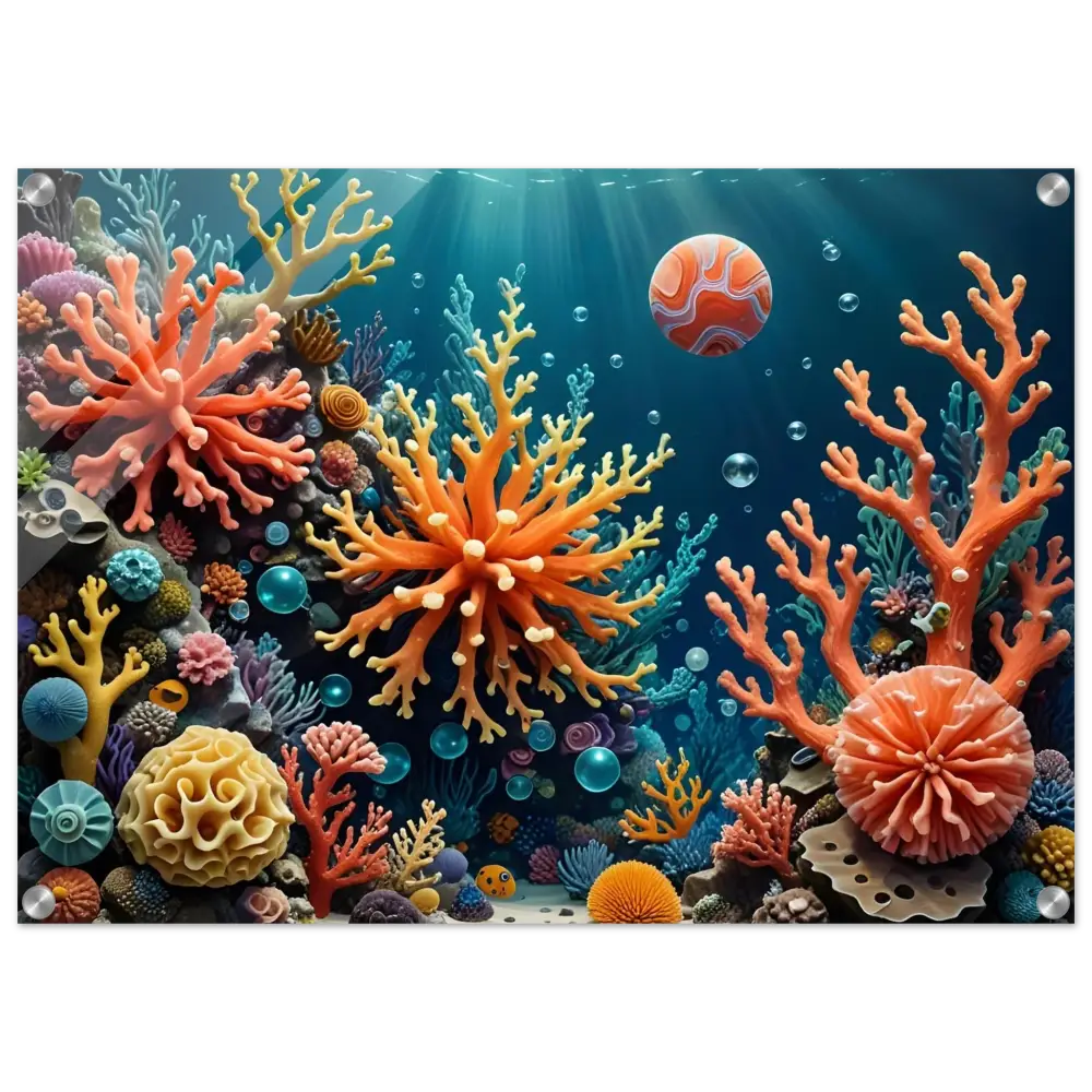Vibrant coral reef ecosystem displayed on Acrylic Print Coral Reverie PixiOnyx Undersea Dreamscape