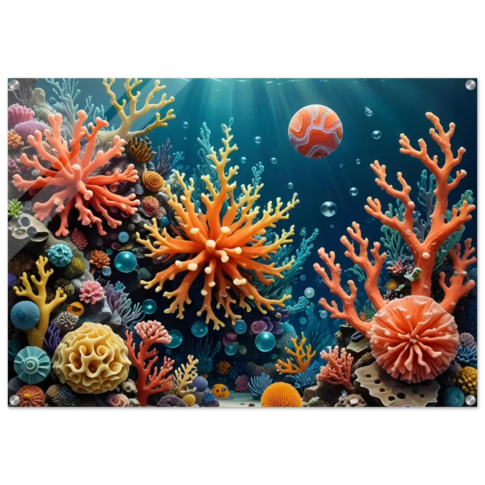 Vibrant Coral Reef Ecosystem Acrylic Print displayed in PixiOnyx Undersea Dreamscape