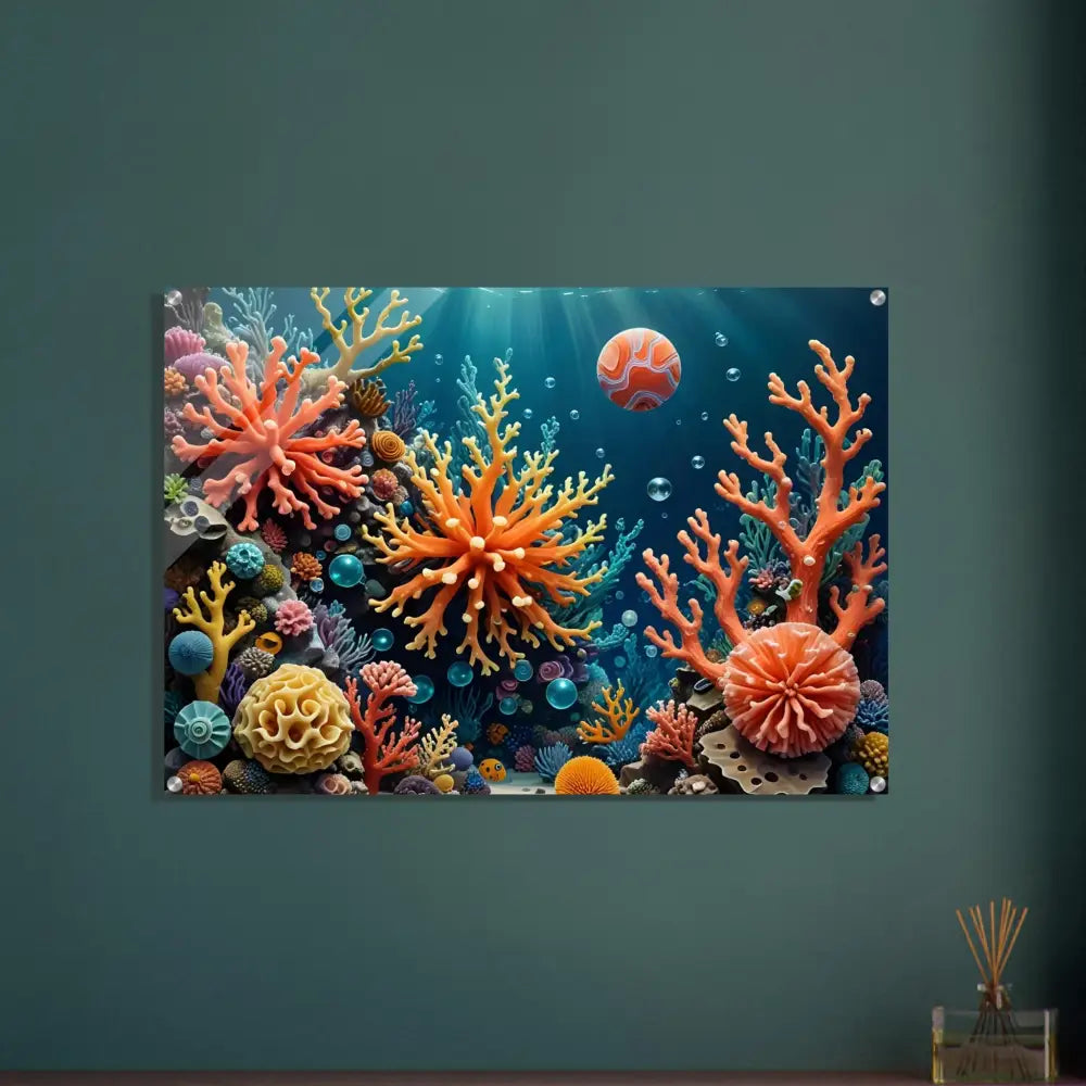 Acrylic print of vibrant coral reef artwork titled Coral Reverie by PixiOnyx