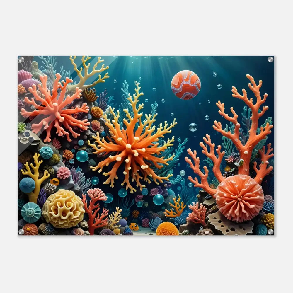 Vibrant coral reef artwork acrylic print displayed in Coral Reverie by PixiOnyx