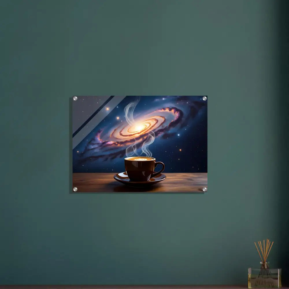 Framed galaxy coffee art acrylic print titled Cosmic Brew by PixiOnyx Dreamscape Crystal