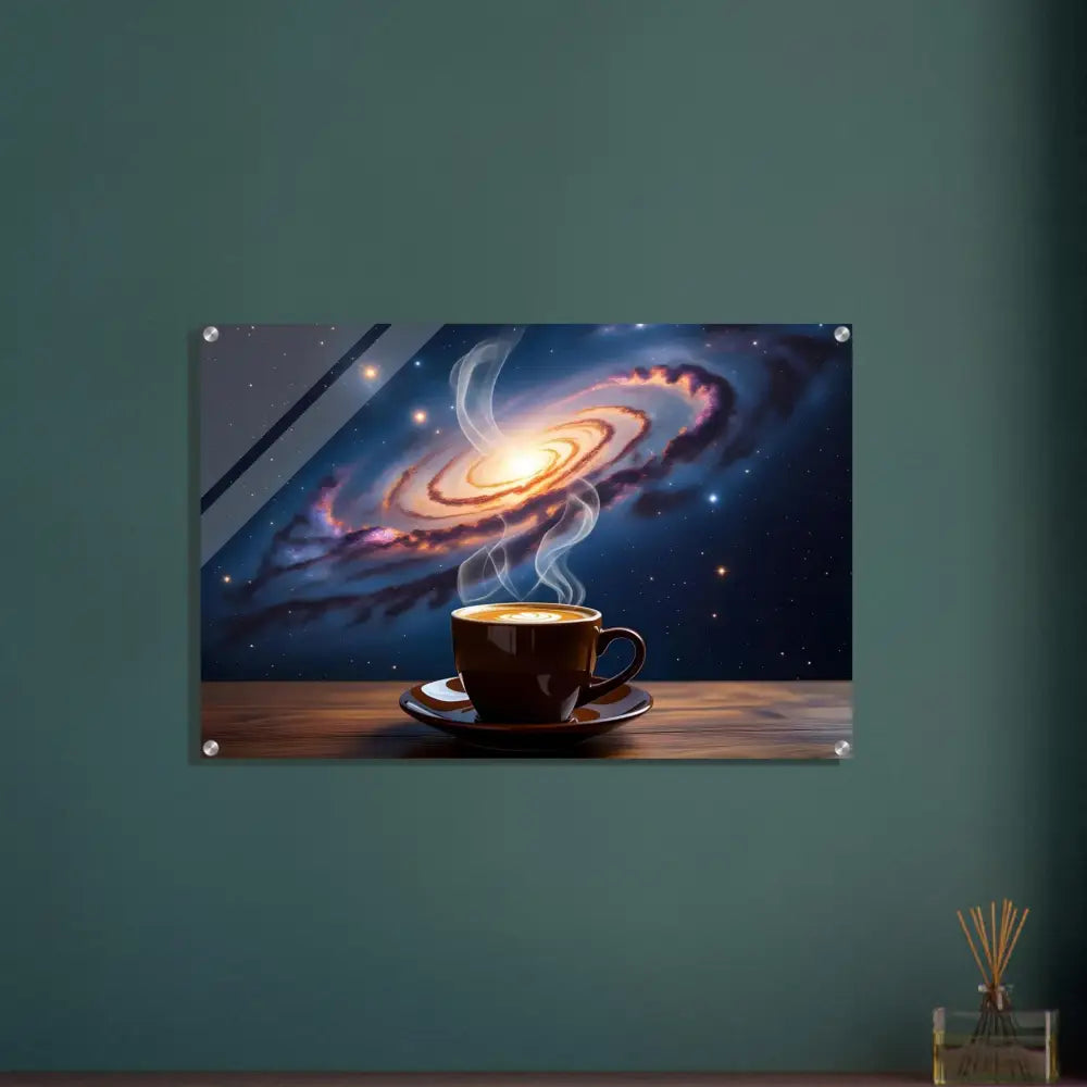 Galaxy coffee art displayed on Acrylic Print Cosmic Brew PixiOnyx Dreamscape Crystal