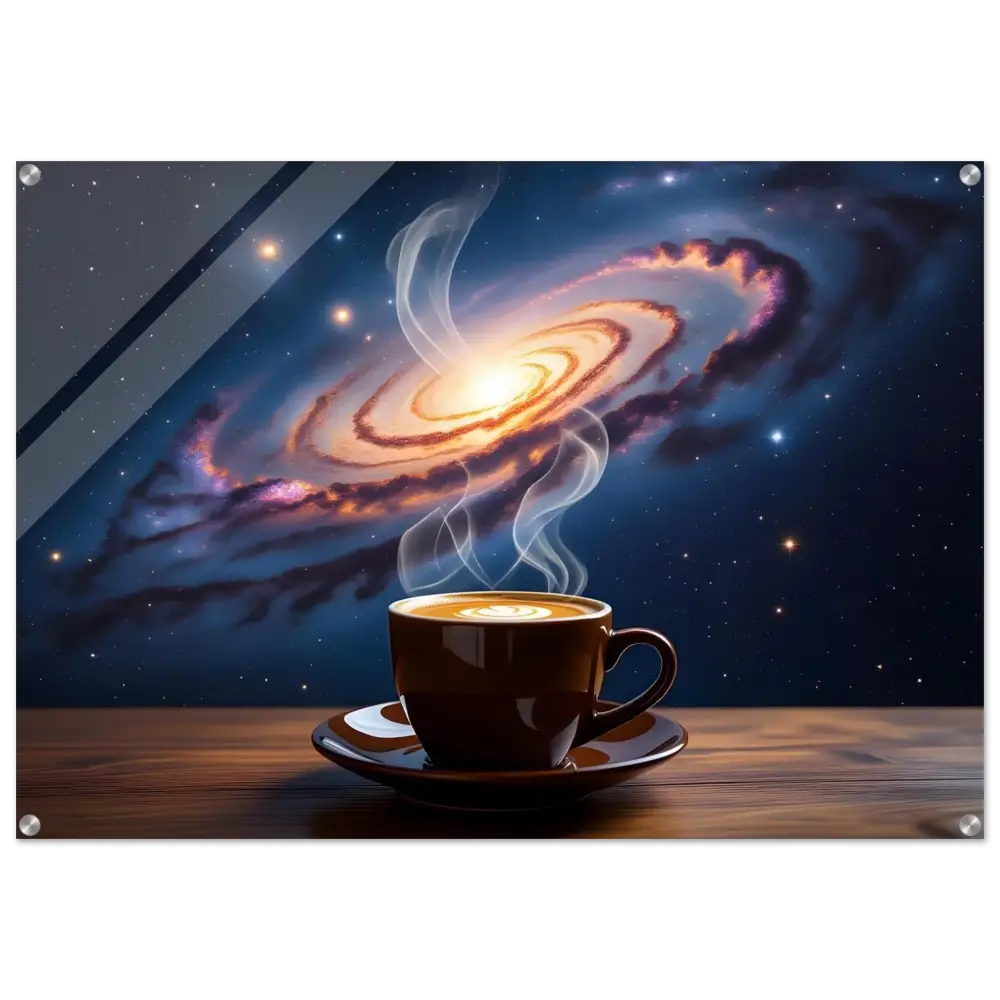 Steaming coffee cup with galaxy backdrop on Acrylic Print Cosmic Brew PixiOnyx Dreamscape