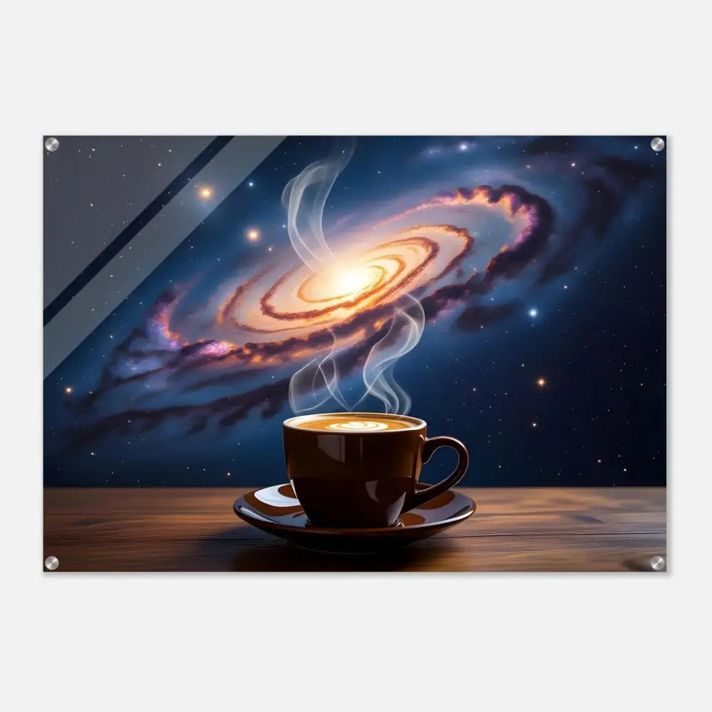 Framed galaxy coffee art acrylic print titled Cosmic Brew PixiOnyx Dreamscape Crystal