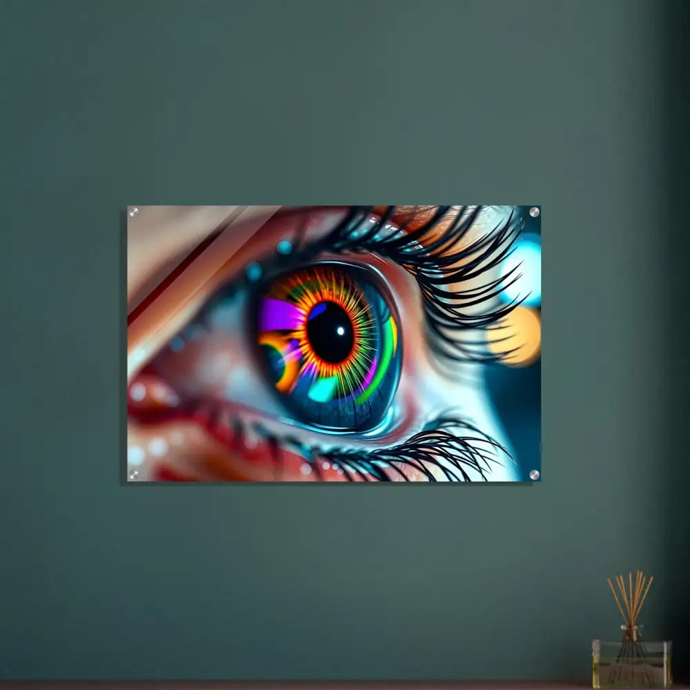 Colorful cosmic iris eye art print on acrylic titled PixiOnyx Dreamscape Crystal