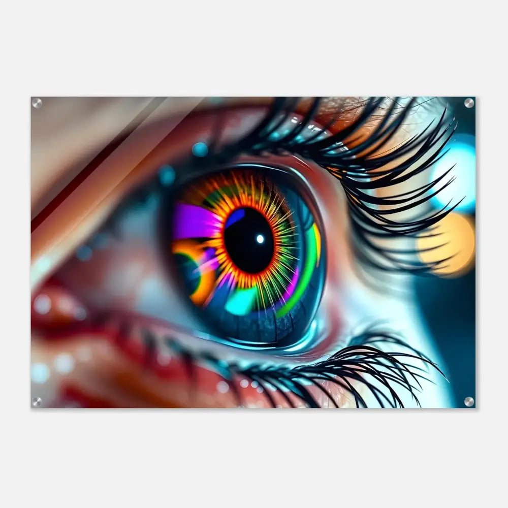 Vibrant rainbow eye art acrylic print titled Cosmic Iris Portal of Vision by PixiOnyx