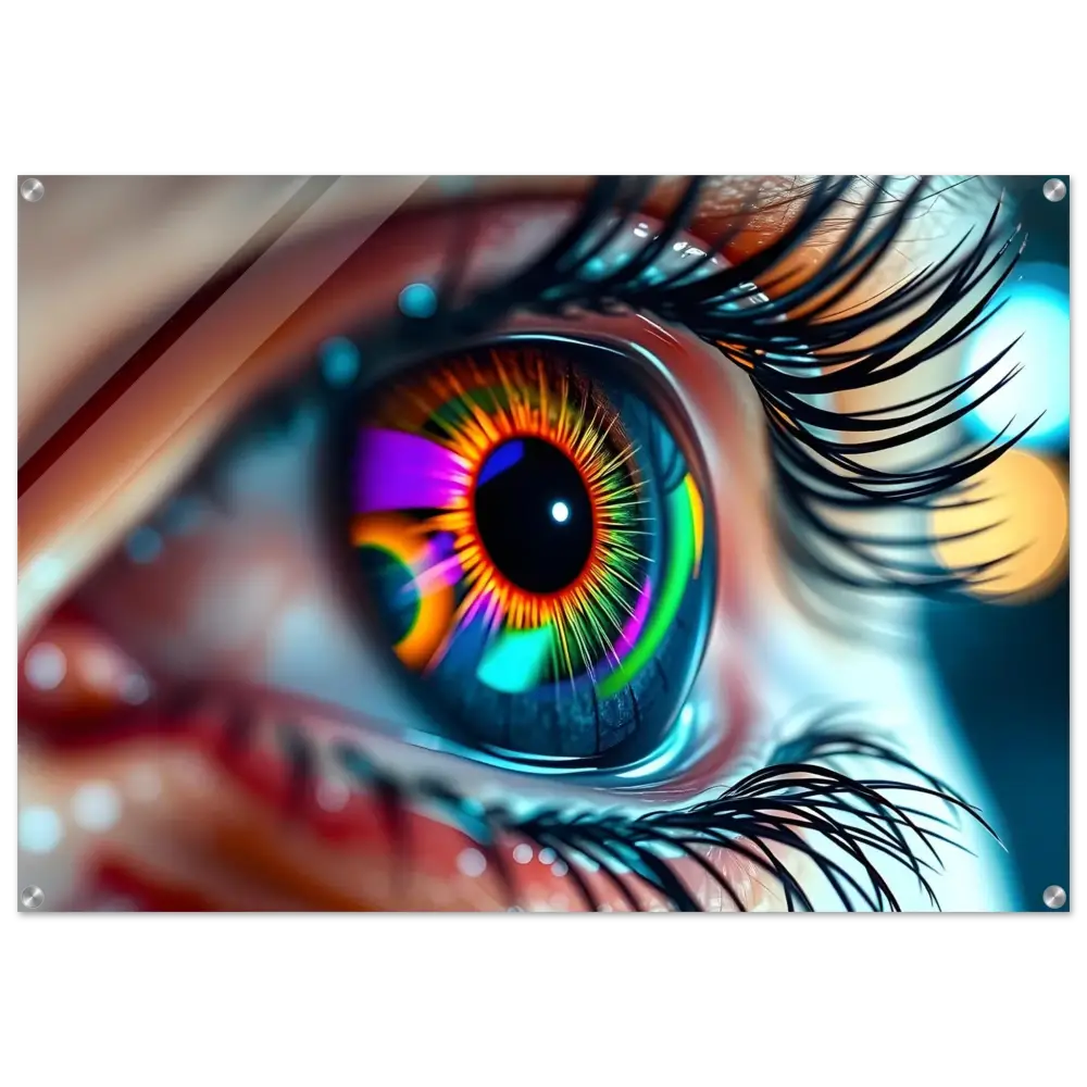 Vibrant rainbow-colored eye acrylic print titled Cosmic Iris Portal of Vision PixiOnyx Dreamscape Crystal