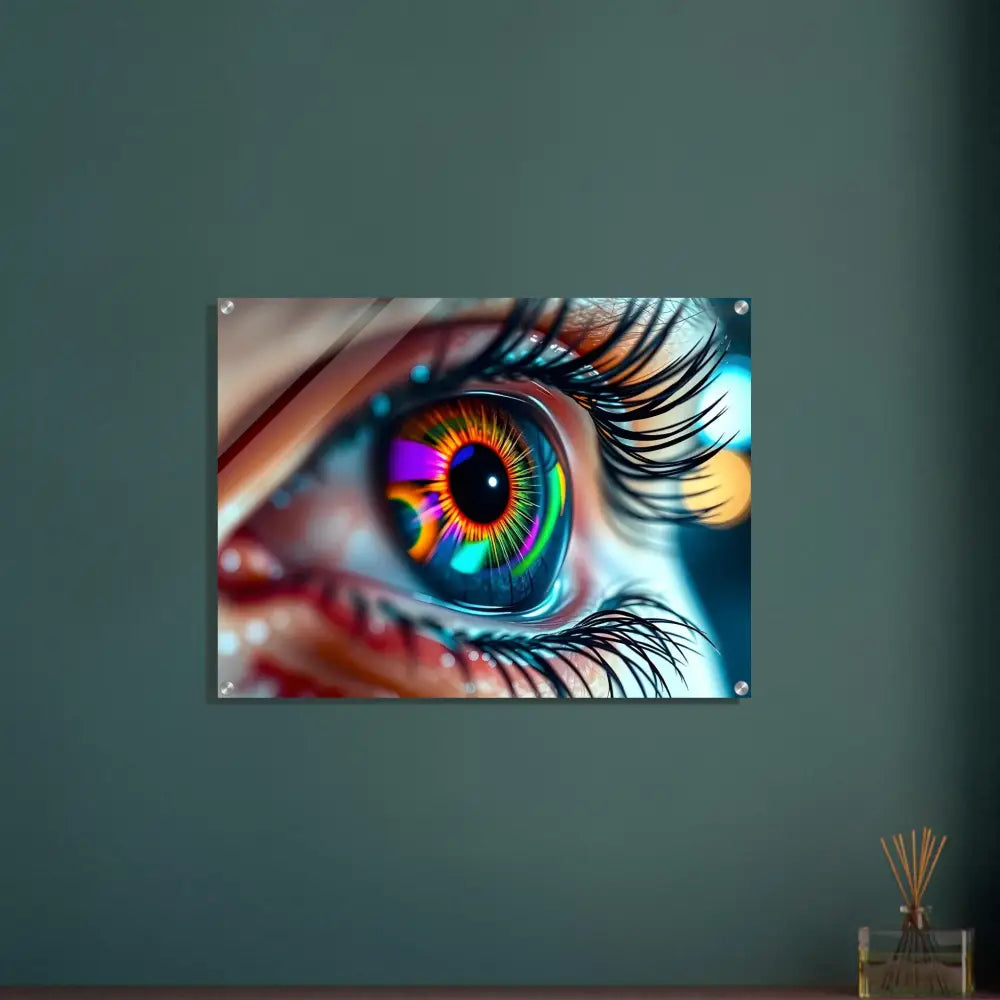 Colorful eye art acrylic print titled Cosmic Iris Portal of Vision by PixiOnyx Dreamscape