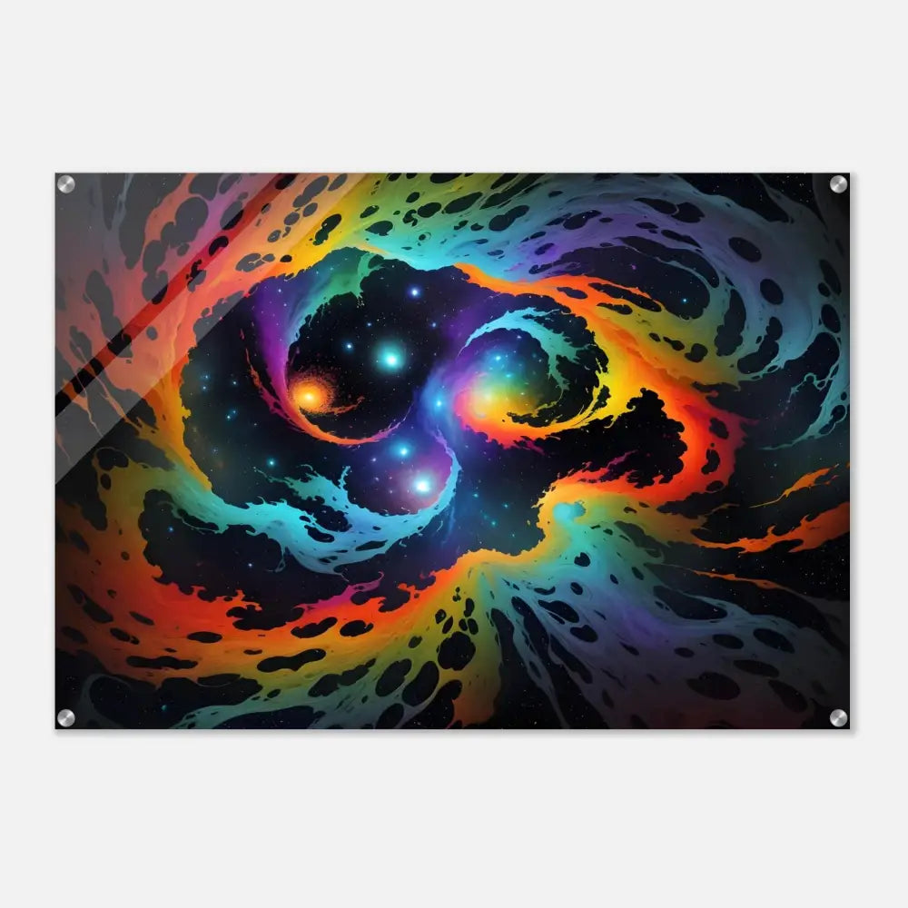 Rainbow-colored cosmic nebula art print on Acrylic Print – Cosmic Tides | PixiOnyx Abstract Dreamscape Crystal