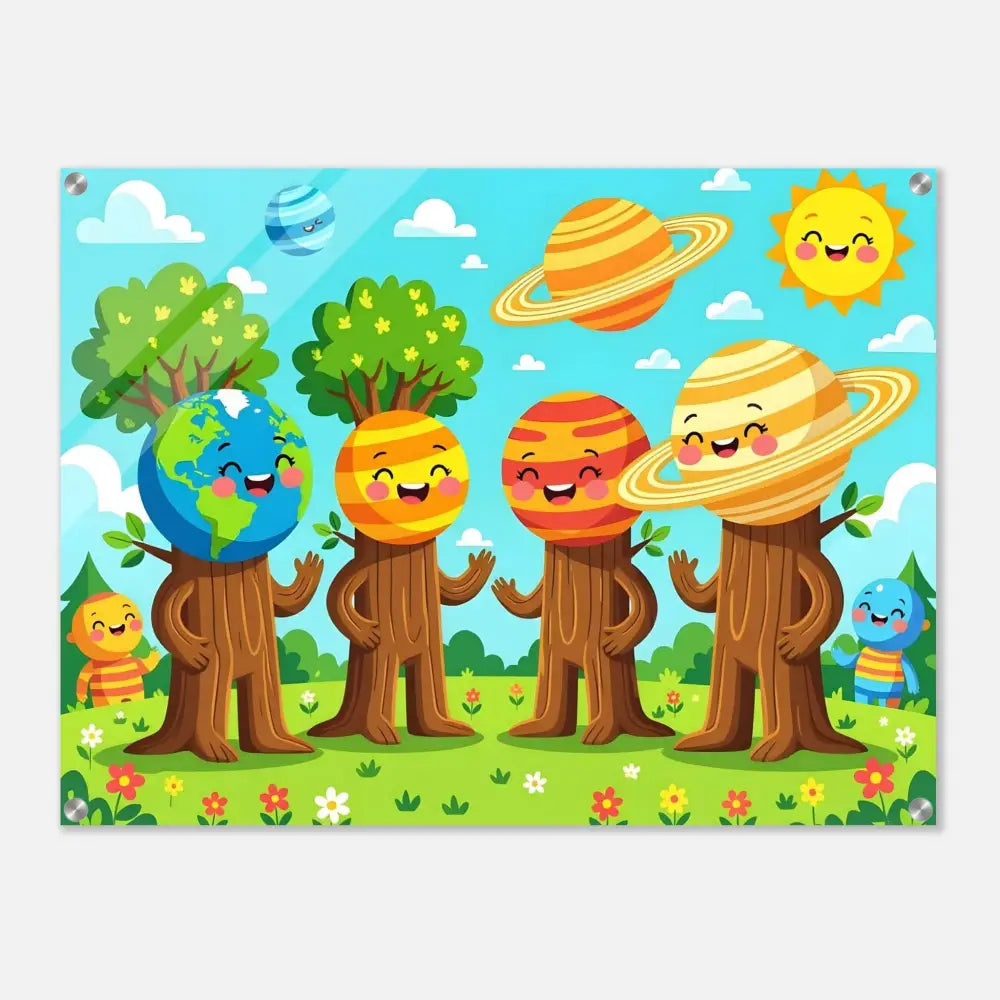 Cartoon planet-headed tree characters from Cosmic Tree Friends Acrylic Print by PixiOnyx Stellar Kids Art