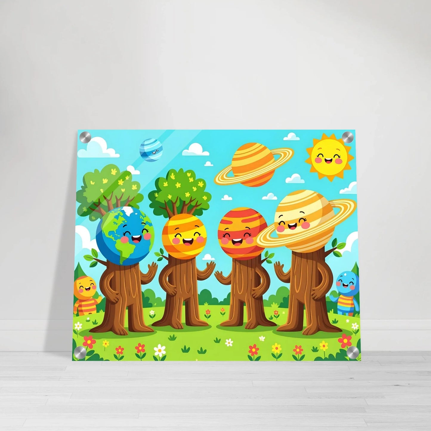 Colorful Cartoon Planet Characters Artwork on Acrylic Print for Kids Room Decor