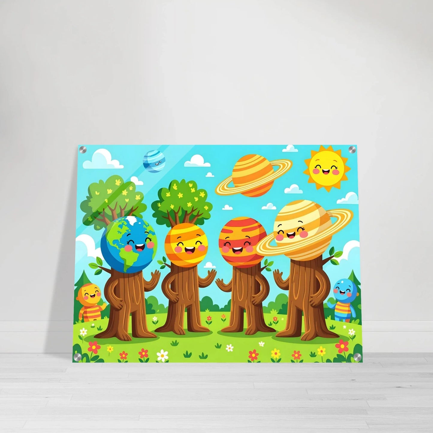 Cartoon planet-themed wall art acrylic print featuring cosmic tree friends for kids room