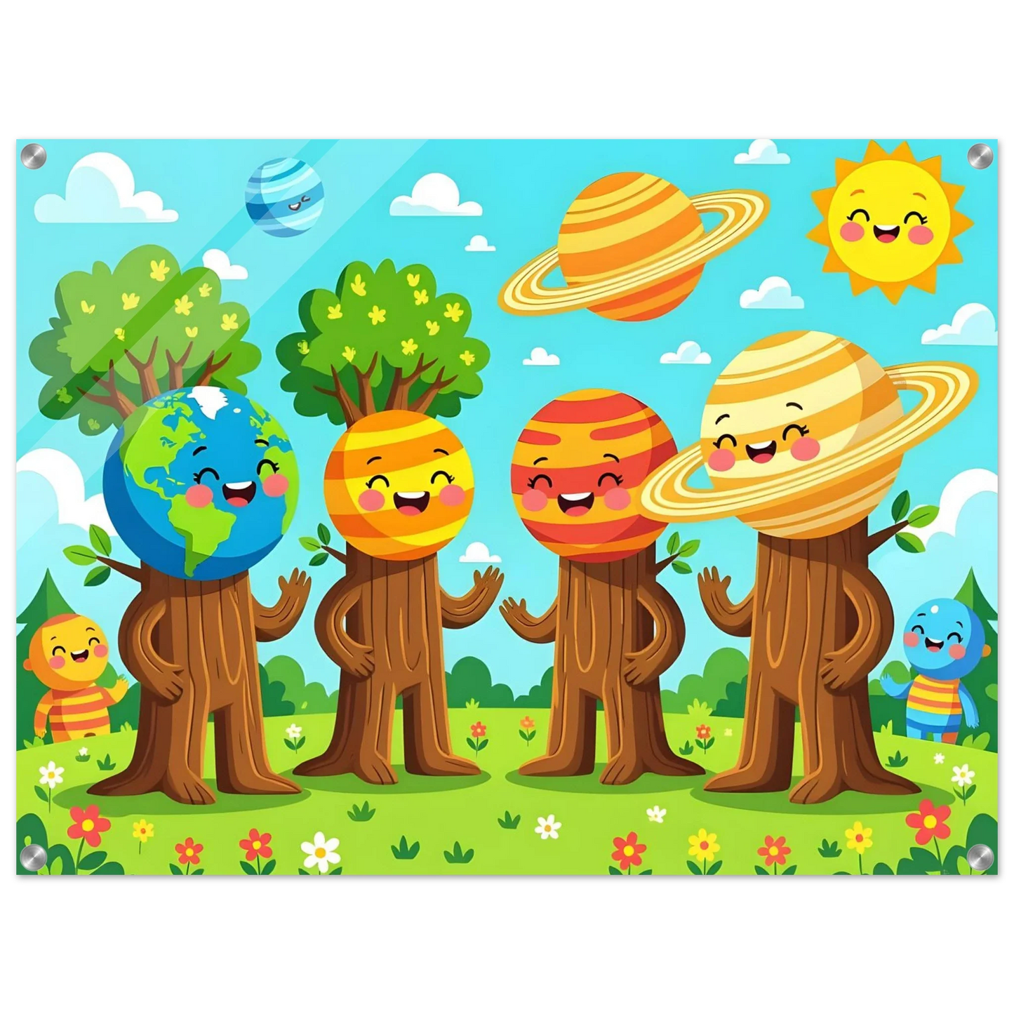 Colorful cartoon planet-headed tree characters on Acrylic Print Cosmic Tree Friends by PixiOnyx