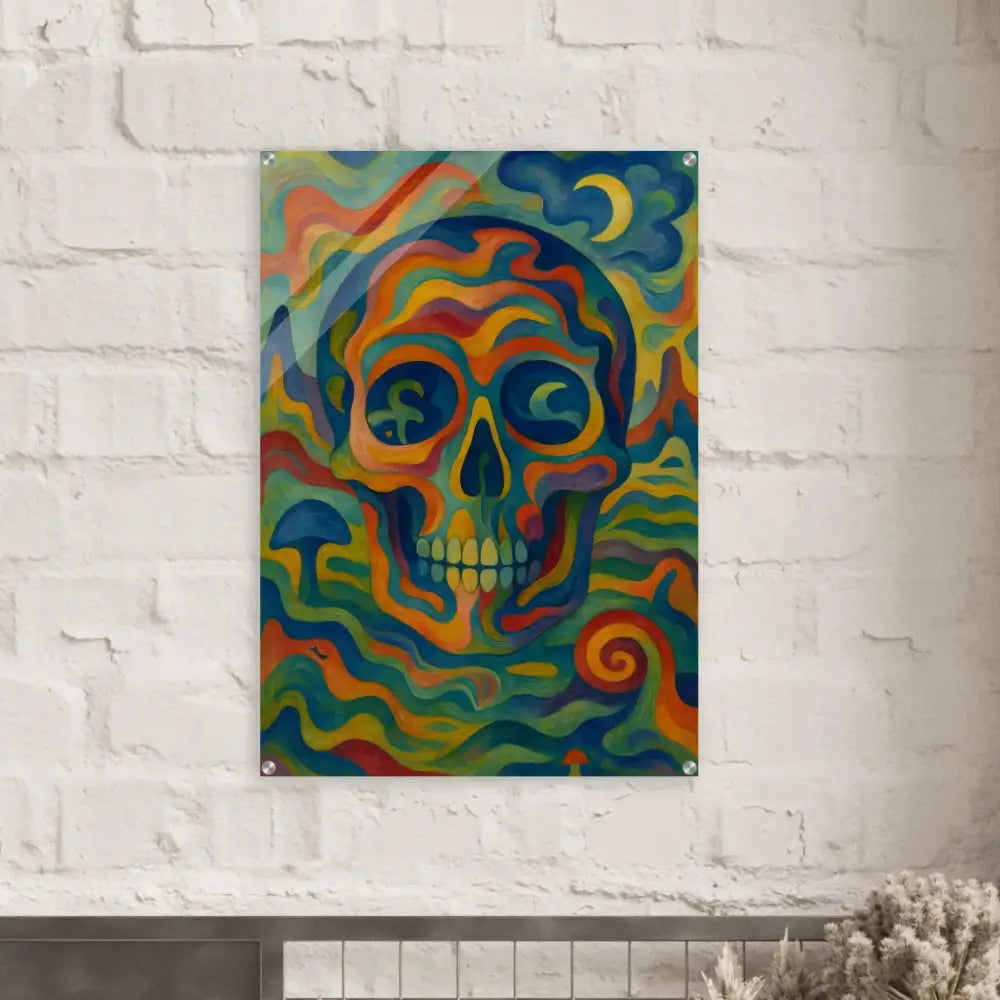 Colorful skull artwork acrylic print showcasing vibrant glasslike Craniocolor Skull Art
